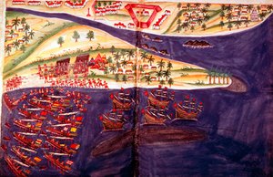 Bitwa między muzułmanami a Portugalczykami w Surat, Gujarat niedaleko Bombaju, Indie, c. XVI w. autorstwa Unbekannt