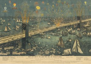 Widok z lotu ptaka na Wielki Most Nowojorski i Brooklyn oraz Wielki Pokaz Fajerwerków..., 1883. autorstwa Unbekannt