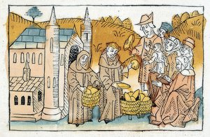 Rozdawanie chleba ubogim przez zakonników w klasztorze. Około 1477 autorstwa Unbekannt