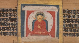 Budda na tronie w sanktuarium, liść z... Pancavimsatisahasrika Prajnaparamita..., ca. 1090. autorstwa Unbekannt