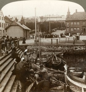 Kupowanie ryb w ruchliwym arktycznym porcie handlowym, Tromsoe 69° 38 N. Lat., Północna Norwegia, 1902. autorstwa Unbekannt