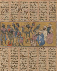Buzurjmihr wyjaśnia Raja Hind o grze w backgammona Nard..., ca. 1300-30. autorstwa Unbekannt