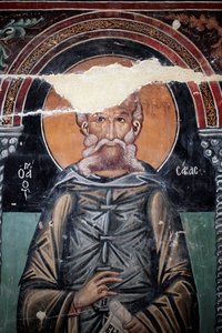 Bizantyjski fresk z XV wieku (detal) Św. Sabas Malowidło ścienne Kaplica Michała Archanioła, wieś Galata Cypr Malowane kościoły UNESCO Troodos, Cypr autorstwa Unbekannt