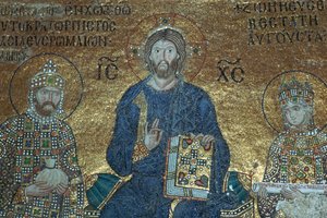 Mozaika bizantyjska ukazująca Chrystusa zasiadającego na tronie między ziemskimi władcami, XII wiek autorstwa Unbekannt