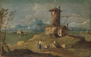 Capriccio z wyspą, wieżą i domami, XVIII w. autorstwa Unbekannt