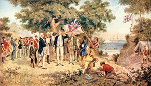 Kapitan James Cook przejmuje Nową Południową Walię w imieniu Korony Brytyjskiej, 1770 autorstwa Unbekannt