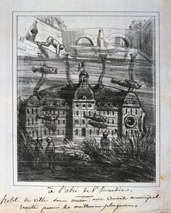 Rysunkowa propozycja odbudowy Hotelu de Ville pod wodą, aby zapobiec pożarowi, Komuna Paryska, 1871. autorstwa Unbekannt