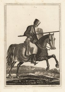 Rycerz szarżujący z XII i XIII wieku w kolczudze, hełm płaski, lanca, tarcza grzewcza, zbroja piszczelowa jameson, siodło wojenne autorstwa Unbekannt