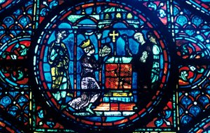 Karol Wielki przekazuje relikwie do kaplicy w Aix, witraż, katedra w Chartres, Francja, ok. 1225 r. autorstwa Unbekannt
