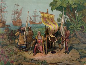Krzysztof Kolumb (1451 - 1506) ogłaszający „Nowy Świat” dla Hiszpanii (litografia) autorstwa Unbekannt