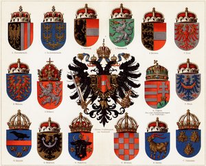 Herby hrabstw Austro-Węgier i mały austriacki herb państwowy, ok. 1900 r. 1907. autorstwa Unbekannt