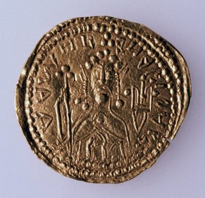 Moneta Zlatnik wielkiego księcia Włodzimierza Światosławicza Awers: Portret władcy, 980-1015 autorstwa Unbekannt