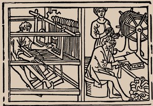 Czesanie, przędzenie i tkanie wełny. Z Speculum Vitae Humanae autorstwa Rodericus Zamorensis, 1479. autorstwa Unbekannt