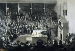 Wykład fizyka Michaela Faradaya (1791-1867) przed Royal Institution w Londynie 27 grudnia 1855 w obecności księcia Alberta Saxe Cobourg Gotha (Saxe-Cobourg-Gotha autorstwa Unbekannt