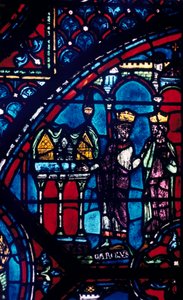 Konstantyn przekazuje relikwie Karolowi Wielkiemu, witraż, katedra w Chartres, Francja, ok. 1225 r. autorstwa Unbekannt