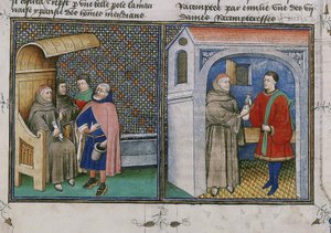 Korupcja. Miniatura z Księgi zwanej Dekameronem Giovanniego Boccaccio, lata 60. XIV wieku. autorstwa Unbekannt