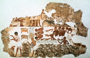 Liczenie gęsi: fragment malowidła ściennego z grobowca Nebamuna, Teby, Egipt, ok. 1350 p.n.e. autorstwa Unbekannt