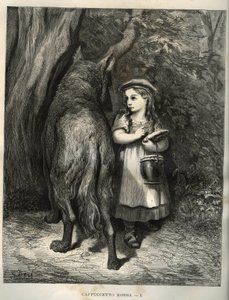 Przechodząc przez las, czerwony kapturek spotyka wilka. Grawer Gustave Dore (1832-1883) z „”Les contes”” Charlesa Perraulta (1628-1703) autorstwa Unbekannt