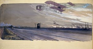 Początek lotnictwa: Louis Paulhan (1884-1963) przelatujący nad torami kolejowymi na pokładzie swojego dwupłatowca podczas 300-kilometrowego wyścigu na prostej linii Londyn-Manchester w dniach 27 i 28 kwietnia 1910 r. autorstwa Unbekannt