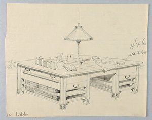 Projekt ogromnego stołu do przechowywania biblioteki z dwiema otwartymi półkami na nosze po obu stronach, 1900-05 autorstwa Unbekannt