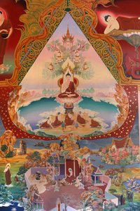 Fragment malowidła ściennego w Uposatha (sala świątynna) świątyni Buddhapadipa, Wimbledon, Wielka Brytania autorstwa Unbekannt