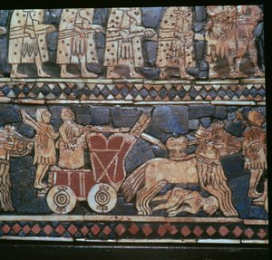 Szczegół sztandaru Ur, przedstawiający sumeryjski rydwan wojenny, południowy Irak, około 2600-2400 p.n.e. autorstwa Unbekannt