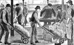Dokerzy rozładowują cukier w West India Docks, Londyn, 1889 autorstwa Unbekannt