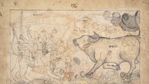 Durga konfrontuje się z Buffalo Demon Mahishą: Scena z Devi Mahatmya, Ka. 1780. autorstwa Unbekannt