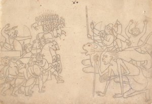 Durga i Kali zbliżają się do zgromadzonych armii Chandy i Mundy... Devi Mahatmya, ok. 1780. autorstwa Unbekannt