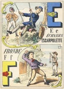 E F: echasses, escarpolette, fronde - alfabet gier, c.1890 (ilustracja) autorstwa Unbekannt