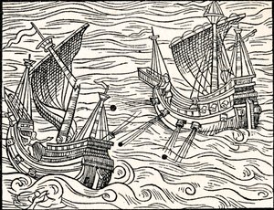 Zaręczyny między dwoma statkami handlowymi u wybrzeży Islandii, 1555 autorstwa Unbekannt