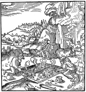 Odparowywanie solanki w naturalnym gorącym źródle w celu uzyskania soli, 1556 autorstwa Unbekannt