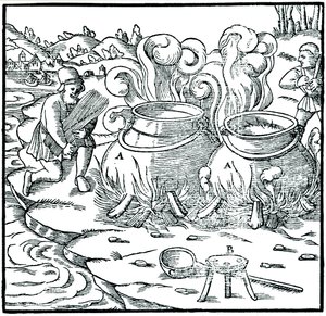 Odparowywanie wody morskiej w żelaznych garnkach w celu uzyskania soli, 1556 autorstwa Unbekannt