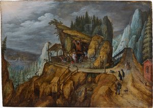Fantastyczny krajobraz skalisty z kuszeniem św. Antoniego, 1600 rok. autorstwa Unbekannt