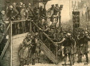 Ojciec John Murphy prowadził swoich lokatorów do głosowania w wyborach uzupełniających do Clare, Irlandia, 1828/1890. autorstwa Unbekannt