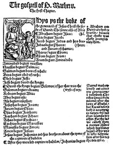 Pierwsza strona Ewangelii św. Mateusza z angielskiego Nowego Testamentu Williama Tyndale