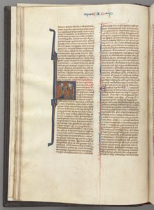 Fol. 20v, Exodus, inicjał historyczny H, Mojżesz i dwaj wyznawcy z tablicami prawa, c. 127 autorstwa Unbekannt