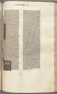 Fol. 353r, Joel, inicjał historyczny V, Joel siedzący ze zwojem, u góry popiersie Boga, ok. 353r. 1275-1300. autorstwa Unbekannt
