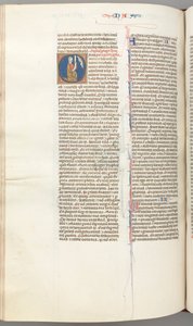 Fol. 360v, Nahum, inicjał historyczny O, Nahum klęczący ze zwojem, u góry popiersie Boga, ok. 1930 r. 1275-13 autorstwa Unbekannt