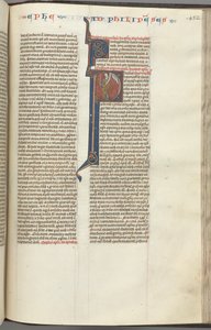 Fol. 452r, Filipian, inicjał historyczny P, Paweł stojący z mieczem i zwojem, rozmawiający z t autorstwa Unbekannt