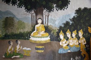 Fresk przedstawiający scenę z życia Buddy w Wat Phra Doi Suthep w Chiang Mai. Budda otrzymujący jałmużnę. Tajlandia autorstwa Unbekannt