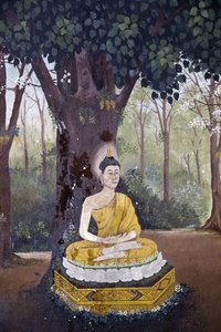 Fresk przedstawiający scenę z życia Buddy w Wat Phra Doi Suthep w Chiang Mai. Budda medytuje pod drzewem. Tajlandia autorstwa Unbekannt