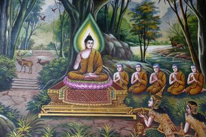 Fresk przedstawiający Buddę z wyznawcami w Wat Chiang Mun, Chiang Mai. Tajlandia autorstwa Unbekannt