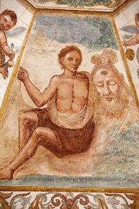 Fresk w kościele Dominikanów, Muro Leccese, Apulia: mężczyzna trzymający głowę św. Jana Chrzciciela, Muro Leccese, Włochy autorstwa Unbekannt