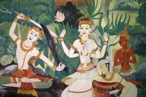 Fresk w Wat Ampharam, Hua Hin, Tajlandia. Budda obcina włosy i wyrzeka się dawnego życia. autorstwa Unbekannt