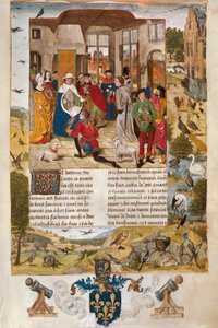 Cesarz niemiecki Fryderyk II Hohenstaufen w otoczeniu myśliwych sokolników, miniatura. autorstwa Unbekannt