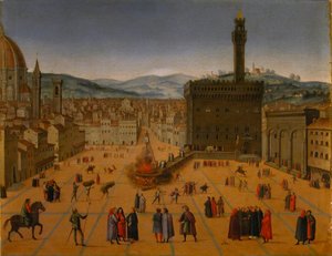 Egzekucja Girolamo Savonarolasa na Piazza della Signoria we Florencji w 1498 r., początek XVII w. .. autorstwa Unbekannt