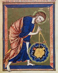 Bóg, Boski Architekt. Iluminacja z moralisée biblijnego, Codex Vindobonensis 2554, c.1250 (welum) autorstwa Unbekannt