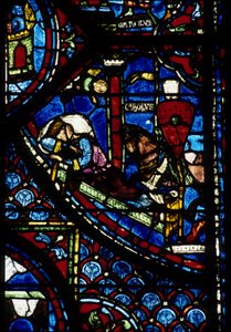 Gotycka architektura. Histoire de Charlemagne (szczegół): Wizja Konstantyna (ja, cesarza bizantyjskiego). Witraże obejścia północnego, absydium. Katedra w Chartres. autorstwa Unbekannt