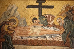 Grecka ikona prawosławna przedstawiająca złożenie Chrystusa w cerkwi św. Jerzego, Madaba, Madaba, Jordanie autorstwa Unbekannt